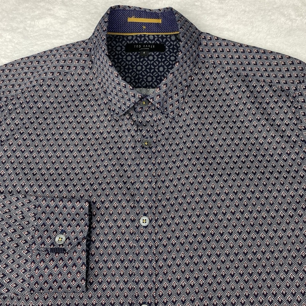 Ted Baker Dress Shirt Men's (4) Medium-Large Blue/Burgundy Geometric Slim Fit